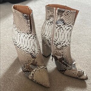 Cream and Brown Heeled Boots with Snakeskin Texture